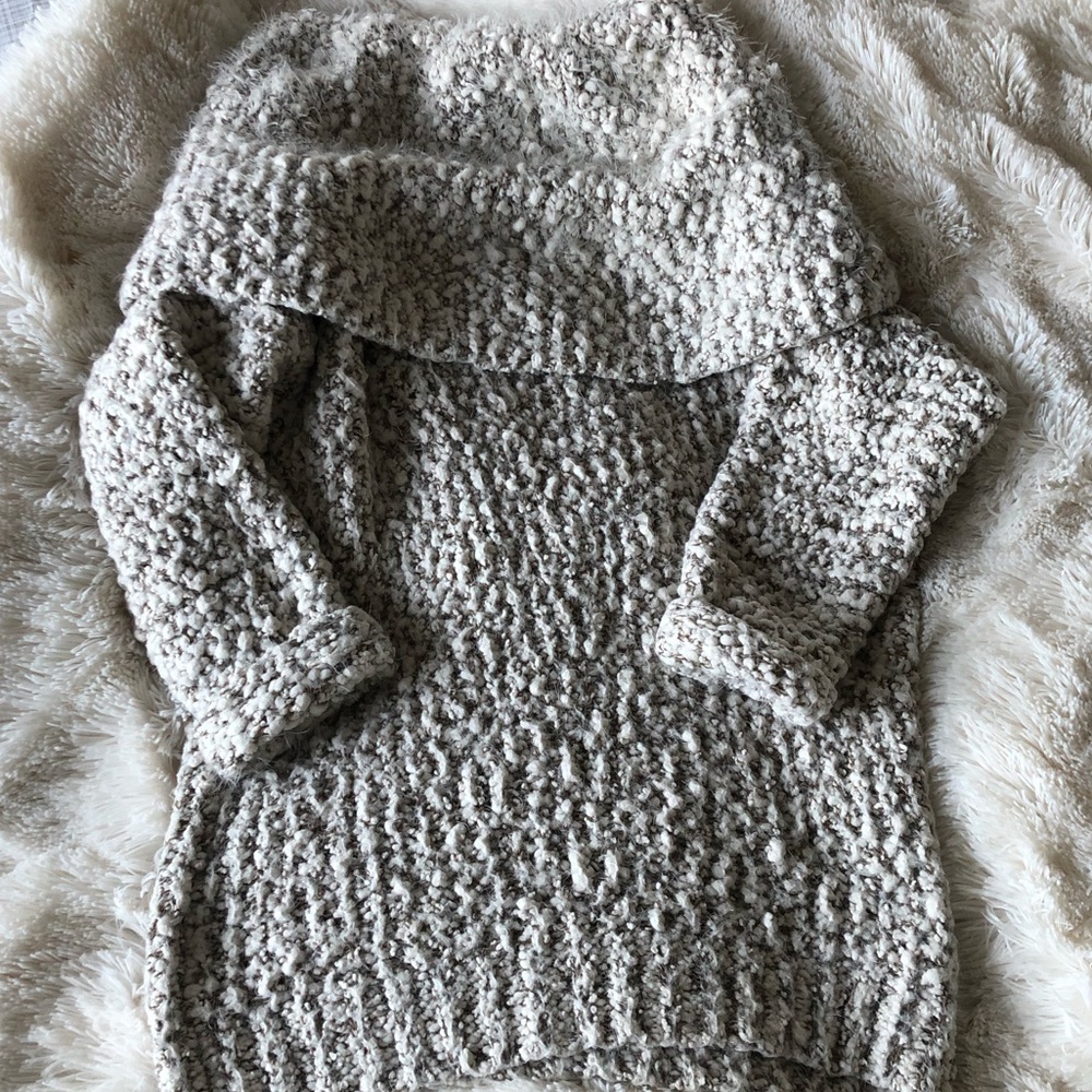 Fuzzy cream cowl neck tunic sweater